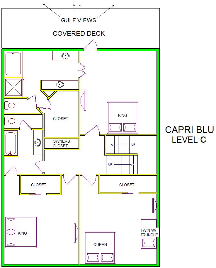 A level C layout view of Sand 'N Sea's beachfront with gulf view house vacation rental in Galveston named Capri Blu